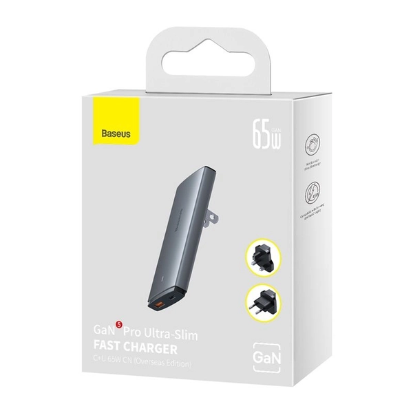 Baseus GaN5 Pro Ultra-Slim Fast Charger C+U 65W Gray((With Mini White Cable C to C 100W(20V/5A) 1m Black) CCGP150113 фото