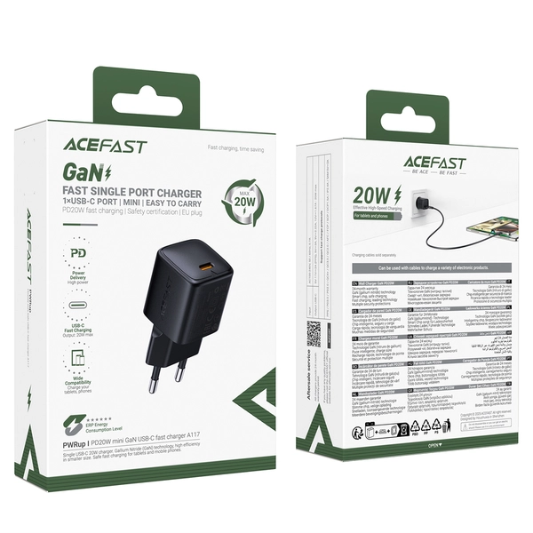ACEFAST A117 PD20W mini GaN USB-C fast charger Black 6974316284987 фото