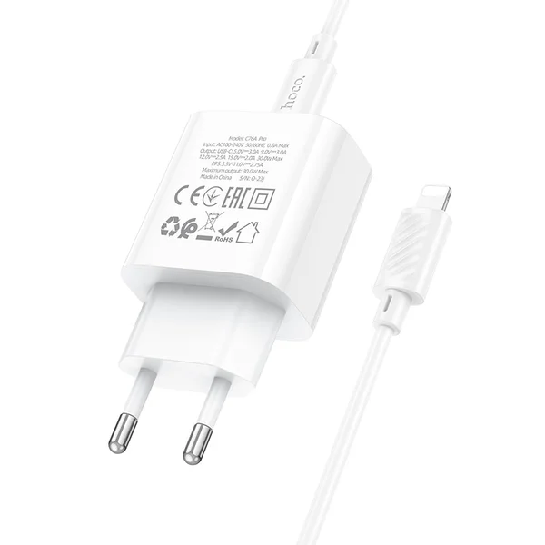 HOCO C76A Pro Majestic single port PD30W charger set (C to iP)(EU) White 6942007616317 фото
