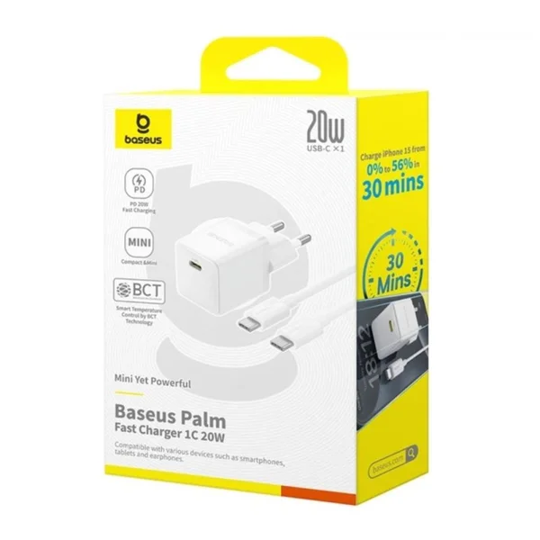 Baseus Palm Fast Charger 1C 20W EU Moon White set USB-C to iP 20W 1m